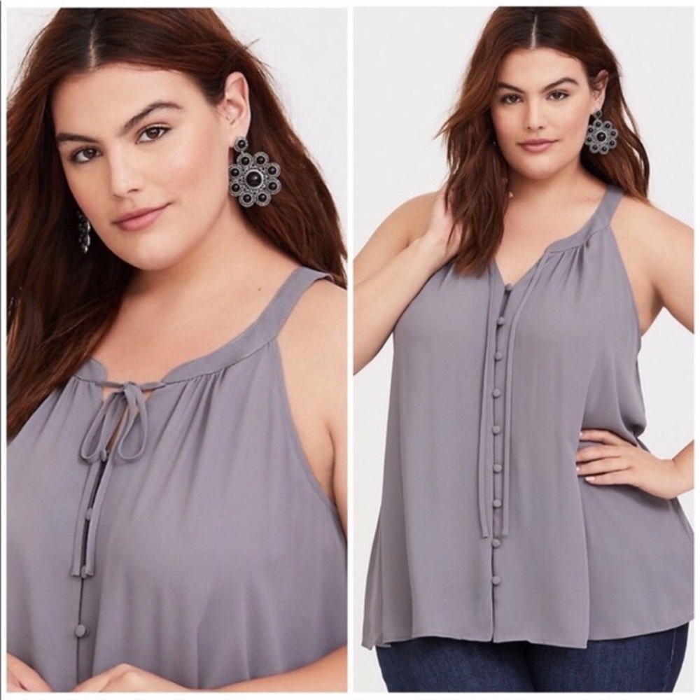 Torrid Grey Georgette Button-Loop Semi Sheer Tank… - image 1